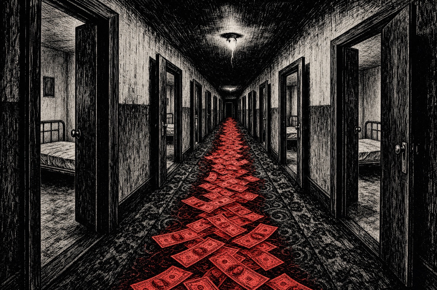 Illustration: an empty SRO hotel corridor at night, every door open onto a vacant room, while a river of money flows down the hallway carpet untouched.