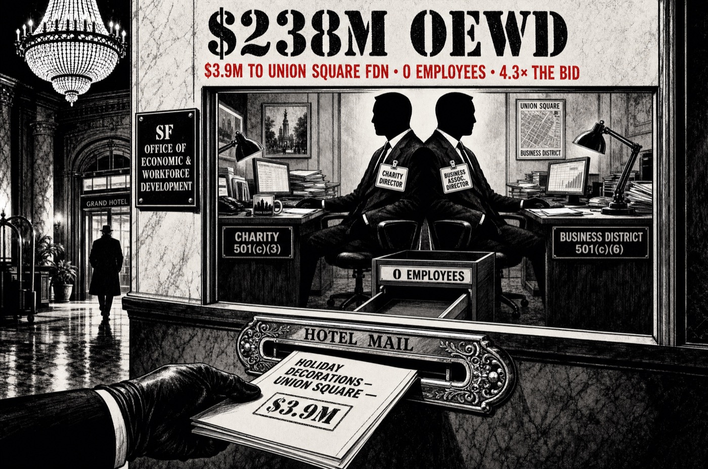 OEWD: a contract slides through a hotel mail slot to the same person wearing two badges in two roles