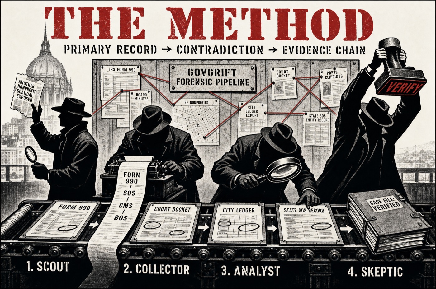 The GovGrift forensic pipeline. Four faceless silhouettes at an assembly line: Scout pulls the lead, Collector pulls the primary records, Analyst marks contradictions, Skeptic stamps VERIFY. Behind them, an investigative pinboard wall connects sources with red string under a faded SF City Hall dome.